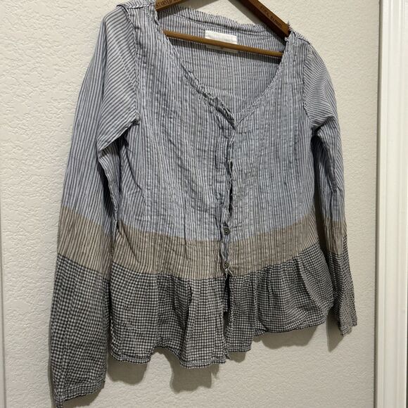 Khadi and Co. Bess Nielsen Blouse Stripe Medium Brown Blue - Picture 4 of 16